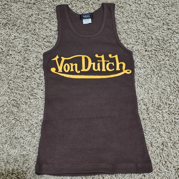 New Von Dutch Tank Brown Yellow Script Ribbed Stretch - Picture 2 of 6
